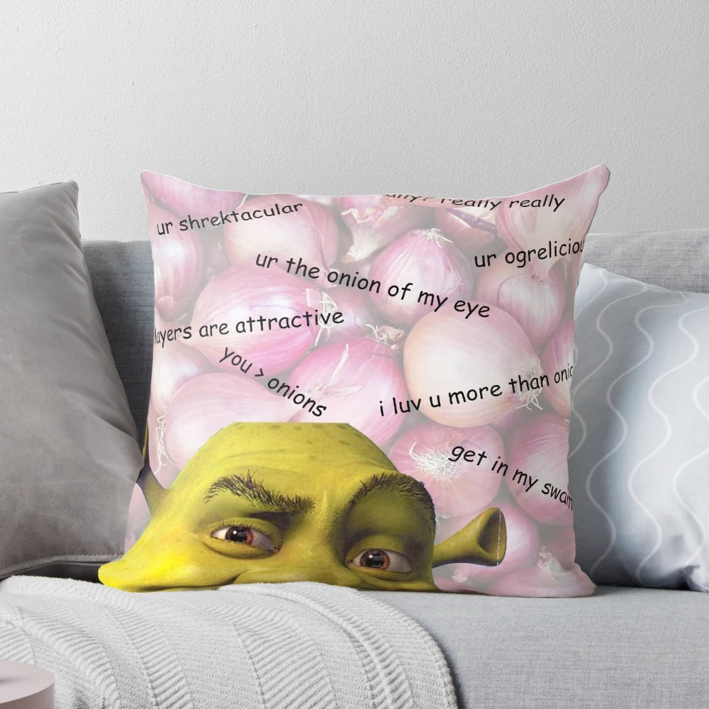Shrek-themed valentines day pillow with comic sans text and humor