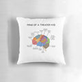 Funny theatre-themed t-shirt design with text "Mind of a Theatre Kid" and related theatre, drama and performing arts icons