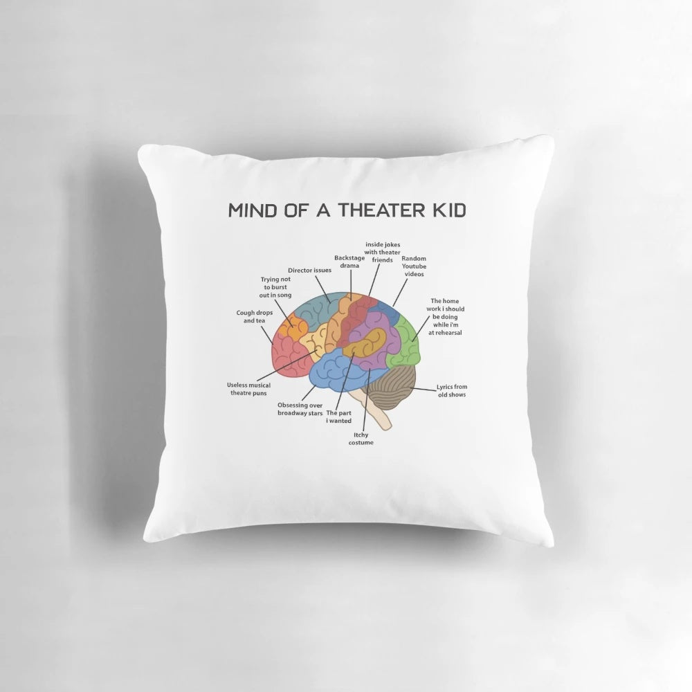 Funny theatre-themed t-shirt design with text "Mind of a Theatre Kid" and related theatre, drama and performing arts icons