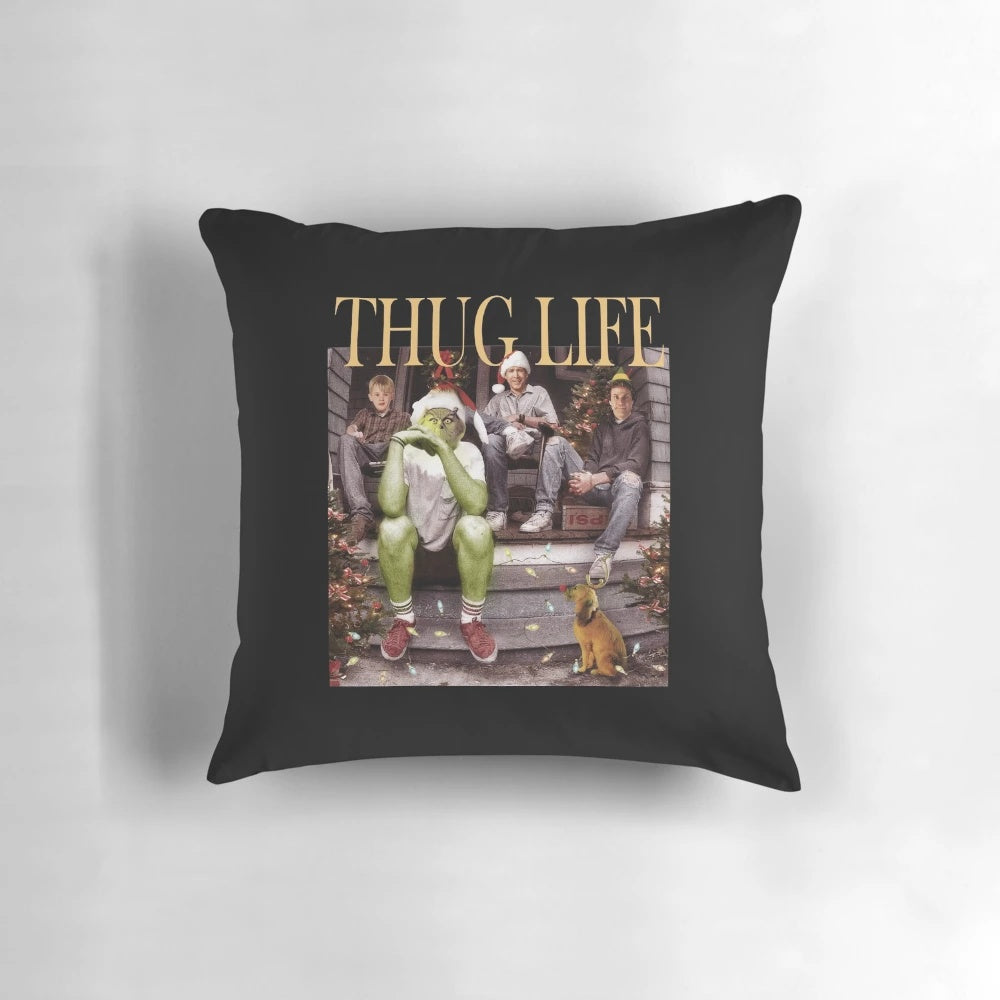 Thug Life Christmas Characters Pillow featuring funny movie characters like Kevin McCallister from Home Alone and Buddy the Elf
