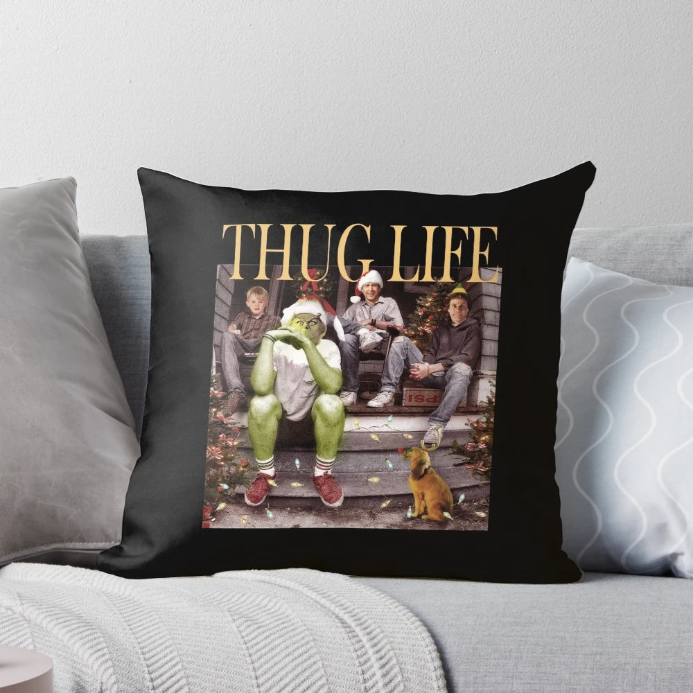 Thug Life Christmas Characters Pillow featuring funny movie characters like Kevin McCallister from Home Alone and Buddy the Elf