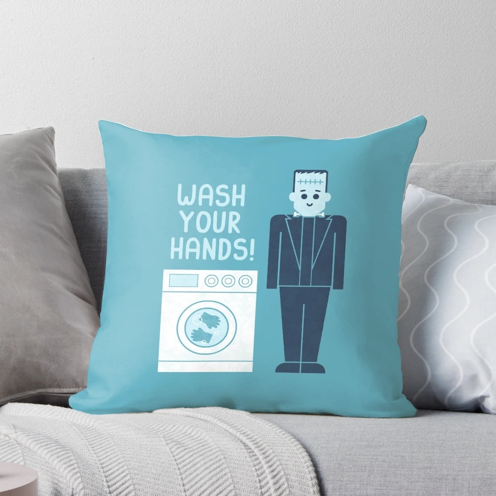 Decorative pillow with a humorous "Wash Your Hands" design, perfect for the pandemic and promoting good hygiene.