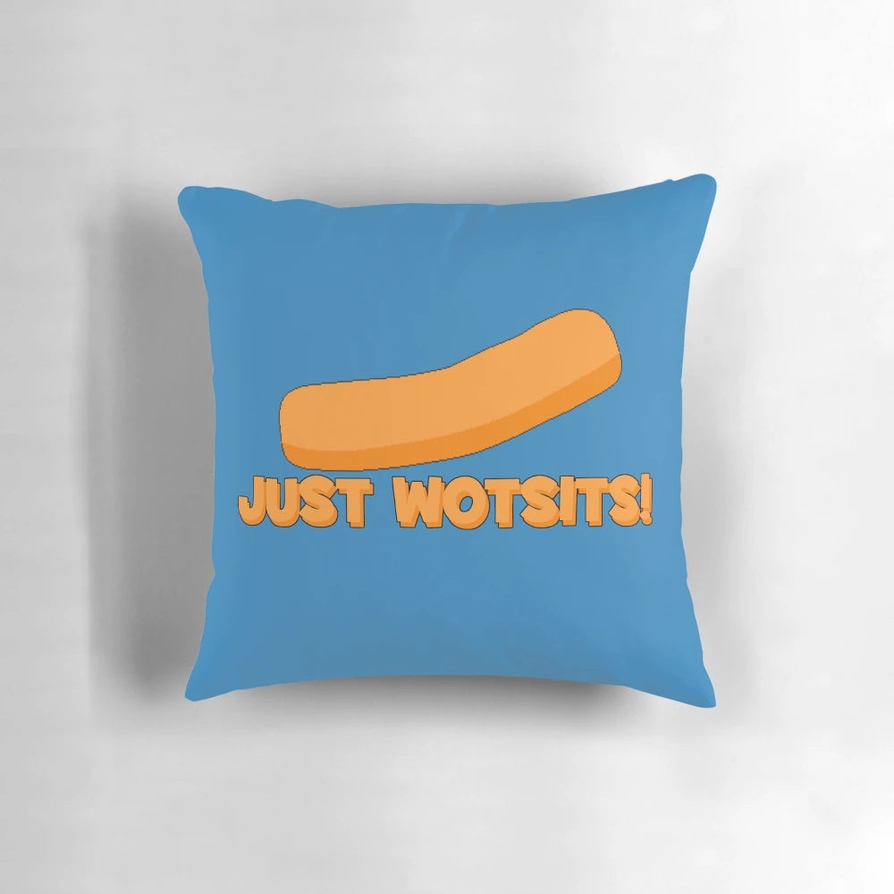Vibrant orange Wotsits-inspired pillow with a fun, cheesy parody design
