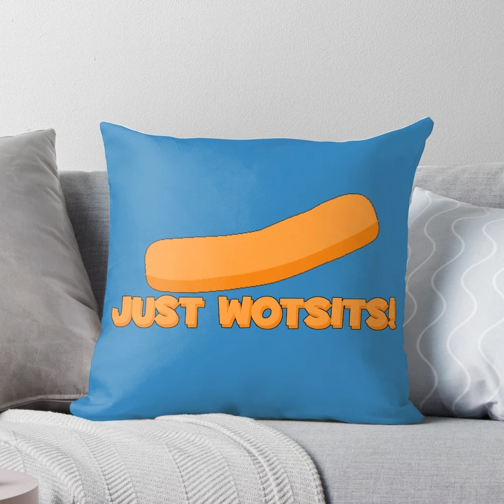 Vibrant orange Wotsits-inspired pillow with a fun, cheesy parody design