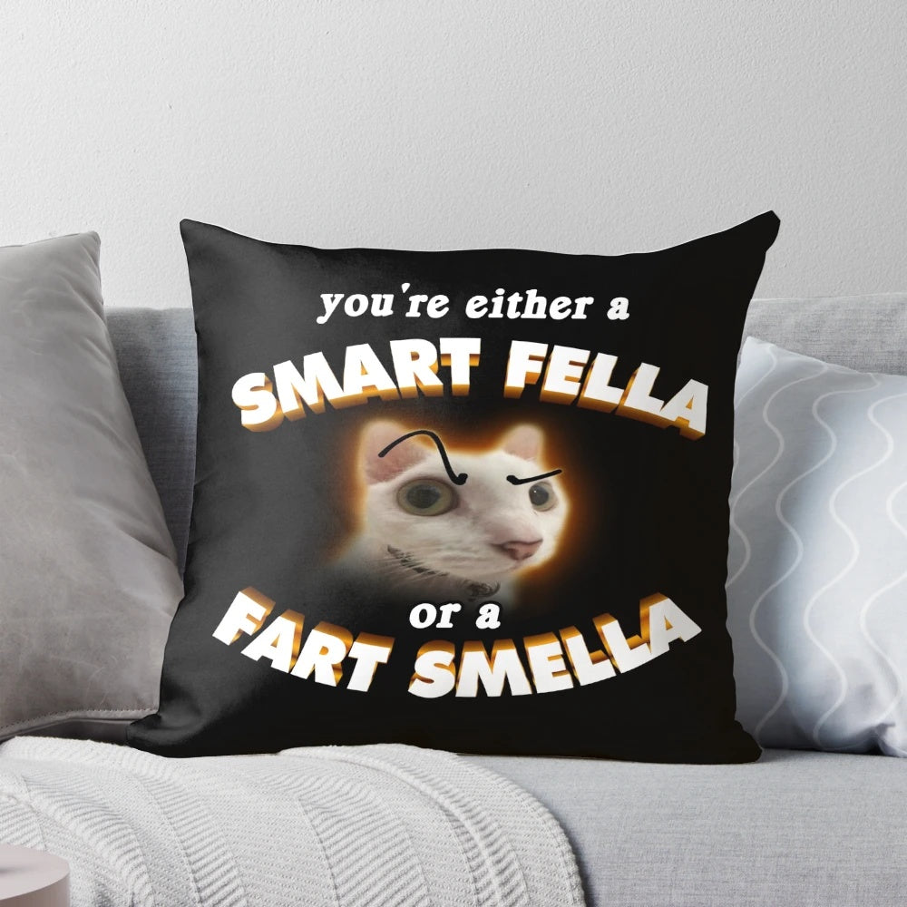 Humorous "You're a Smart Fella or a Fart Smella" throw pillow with a snazzy seagull design