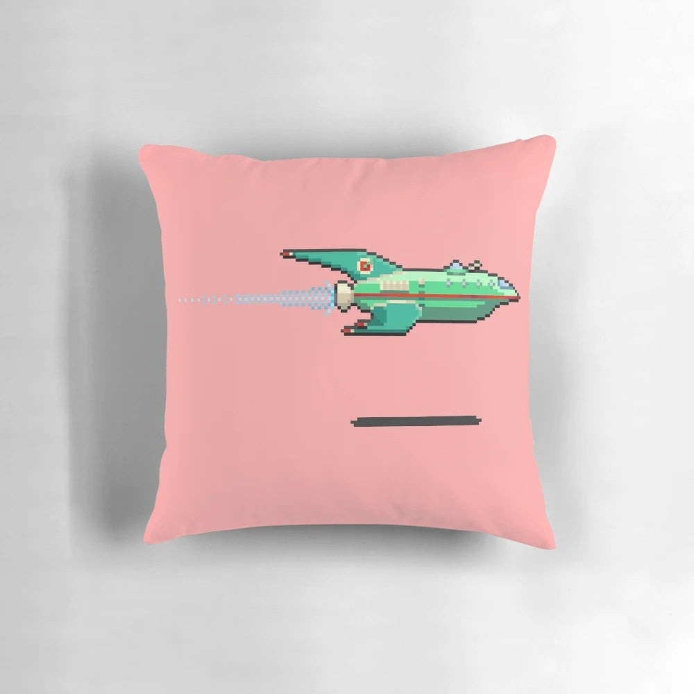 Vibrant 8-bit style pixel art depiction of a futuristic space delivery ship from Futurama