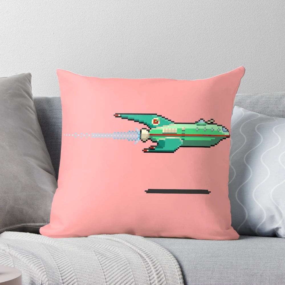 Vibrant 8-bit style pixel art depiction of a futuristic space delivery ship from Futurama