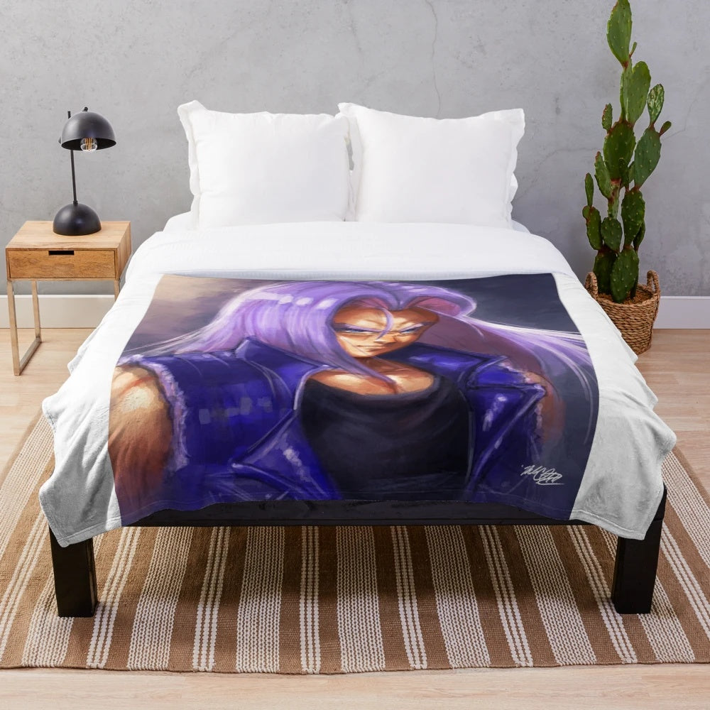 Future Trunks inspired plush blanket with long-haired anime character