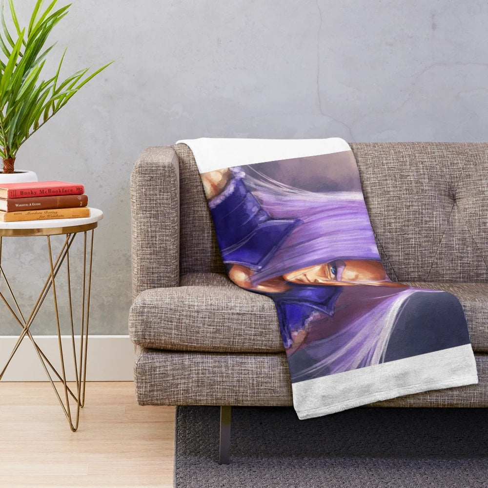 Future Trunks inspired plush blanket with long-haired anime character