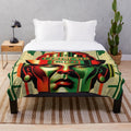 Plush blanket with a futuristic, cinema-inspired abstract art design in green, yellow, and beige tones