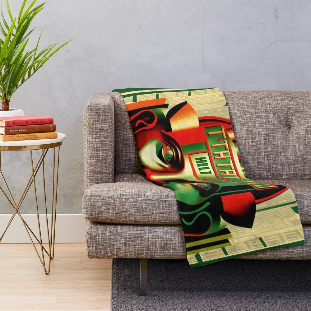 Plush blanket with a futuristic, cinema-inspired abstract art design in green, yellow, and beige tones