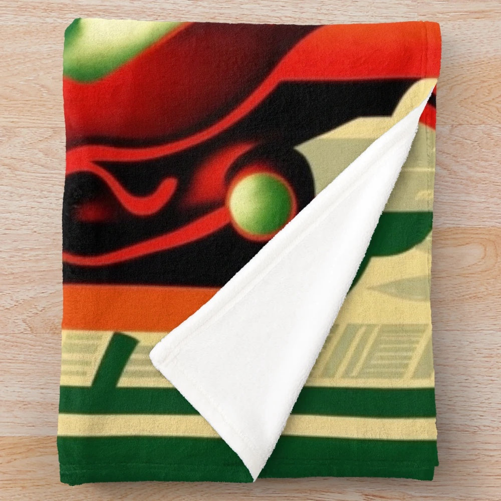 Plush blanket with a futuristic, cinema-inspired abstract art design in green, yellow, and beige tones