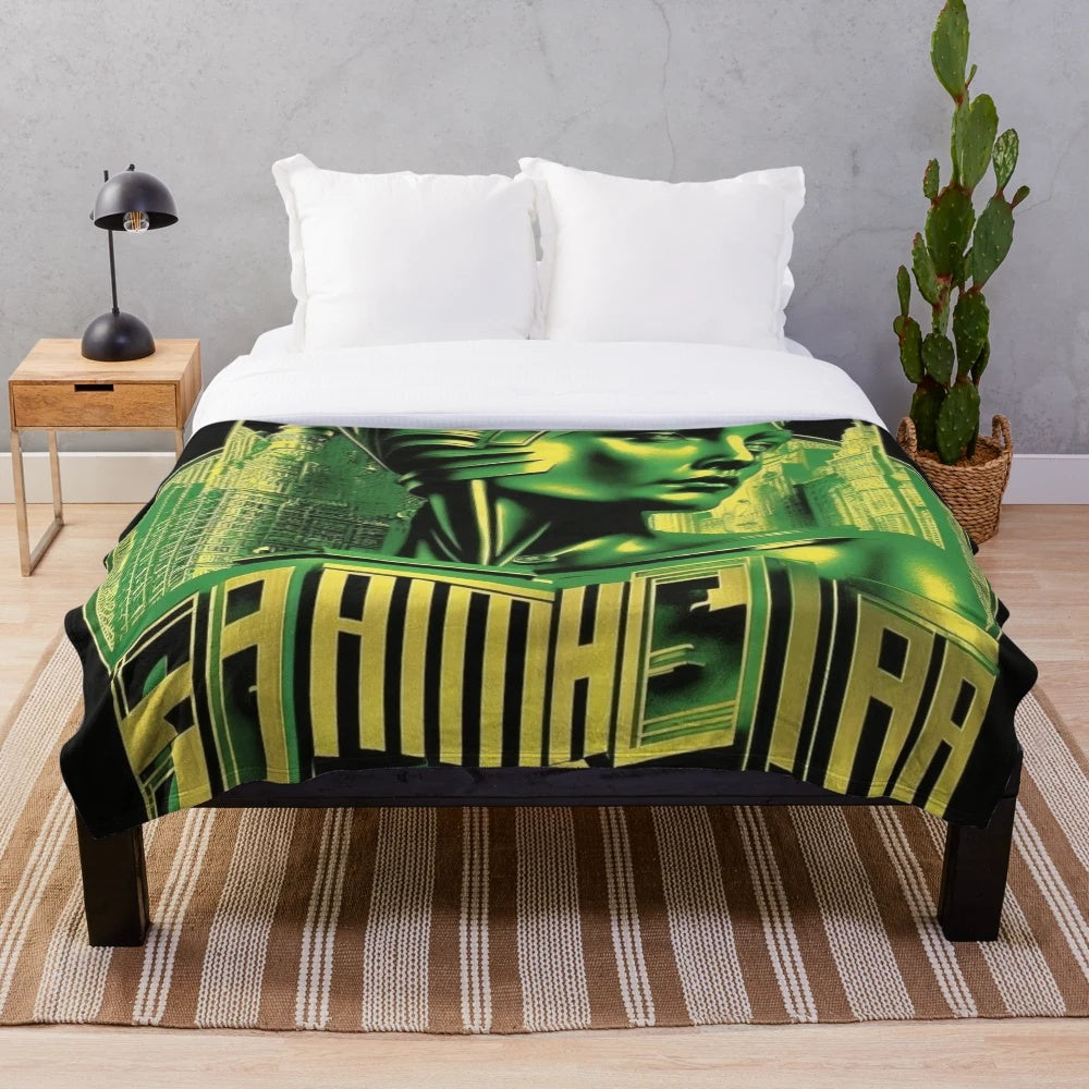 Futuristic cinema plush blanket featuring city skyline, lights, and movie motifs