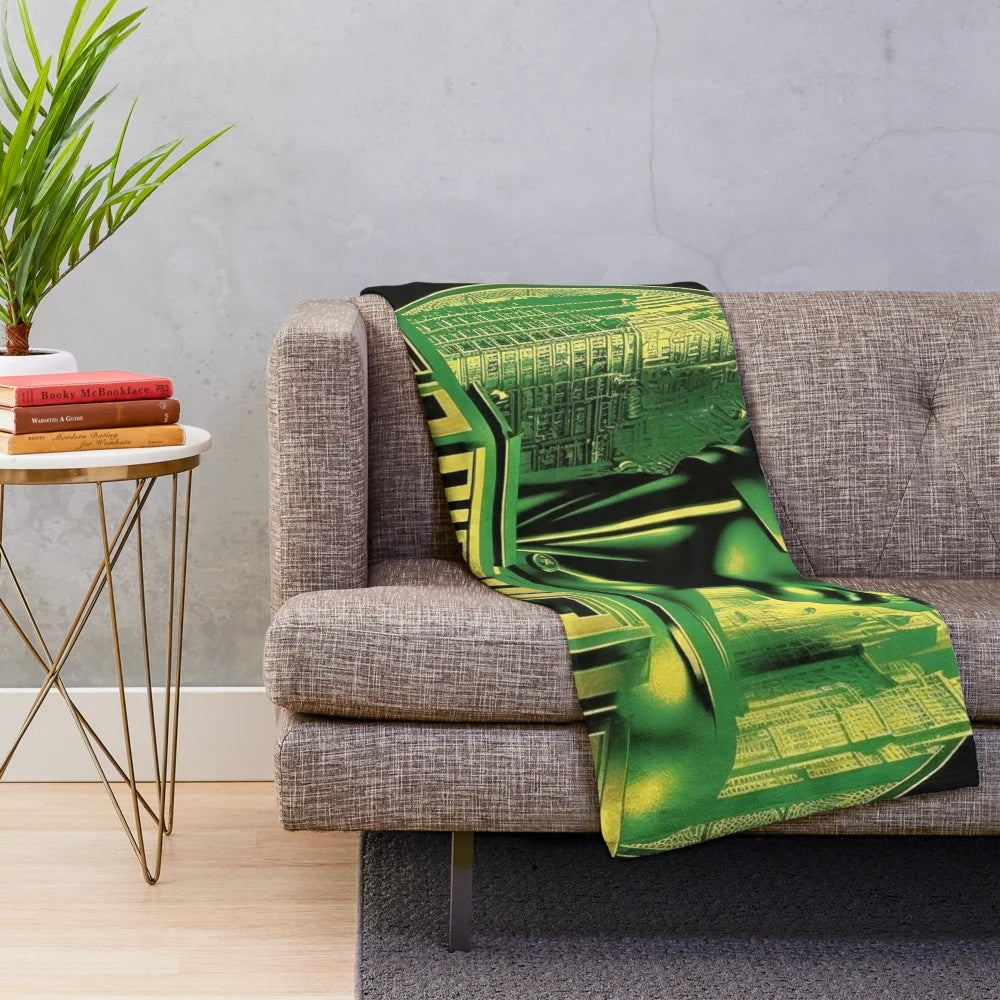 Futuristic cinema plush blanket featuring city skyline, lights, and movie motifs