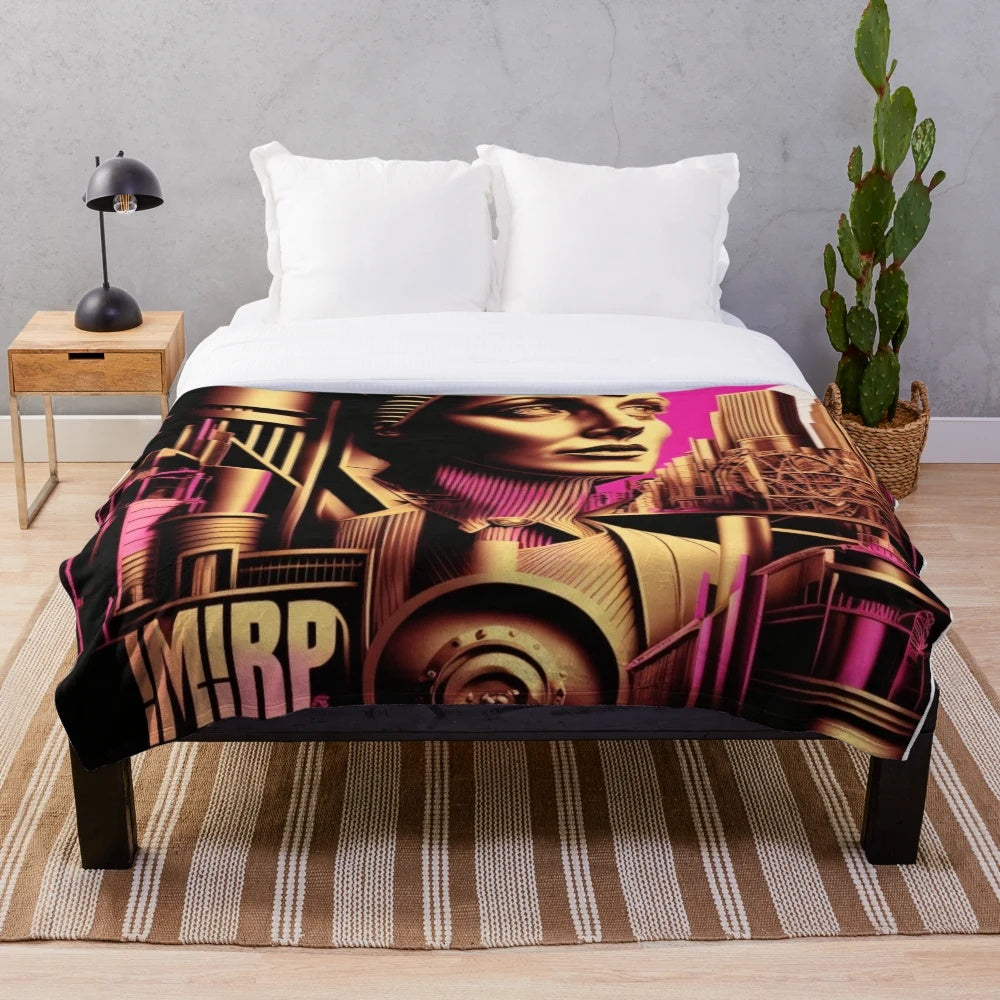 Futuristic cinema-themed plush blanket with Metropolis, movie theater, light games, and geometric design