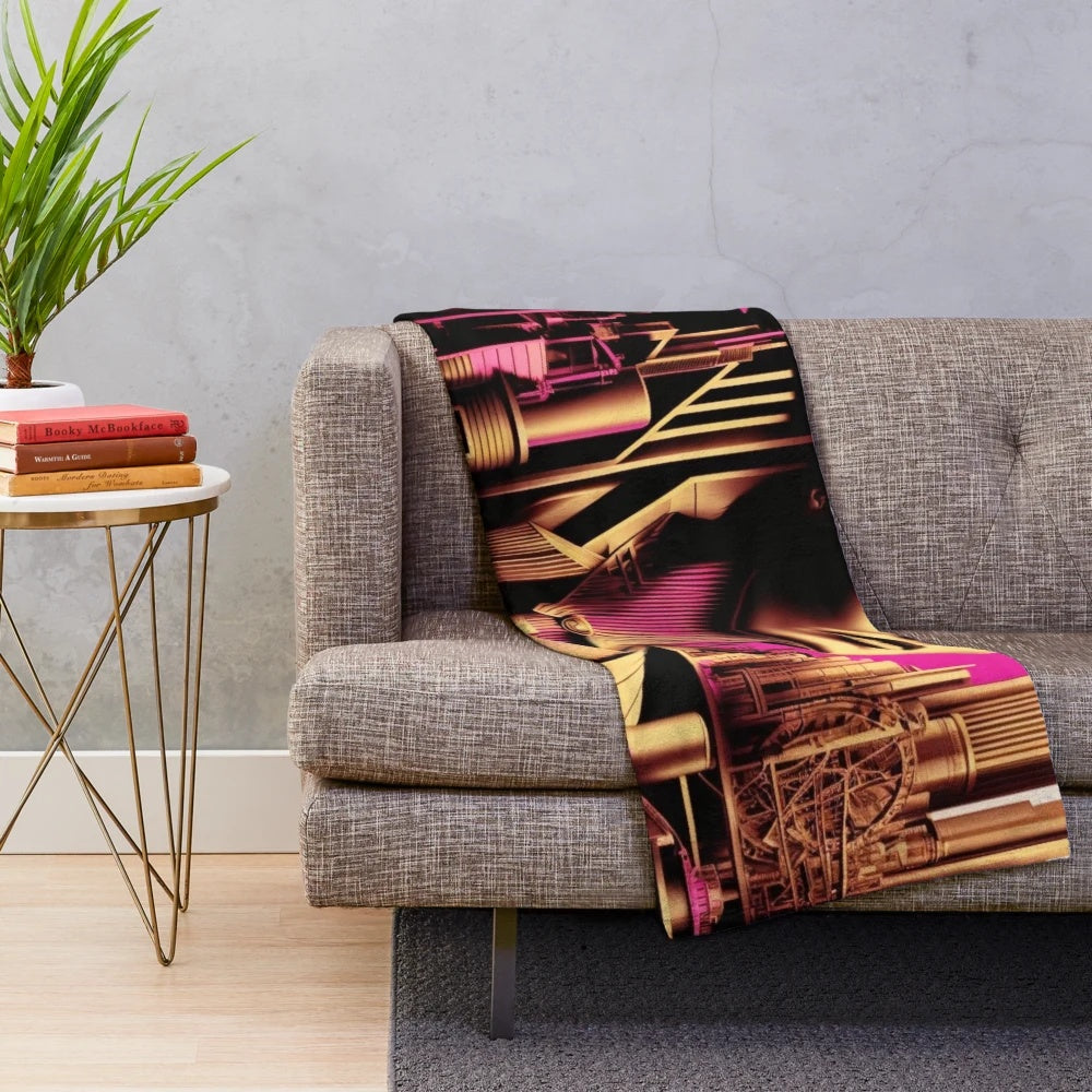 Futuristic cinema-themed plush blanket with Metropolis, movie theater, light games, and geometric design