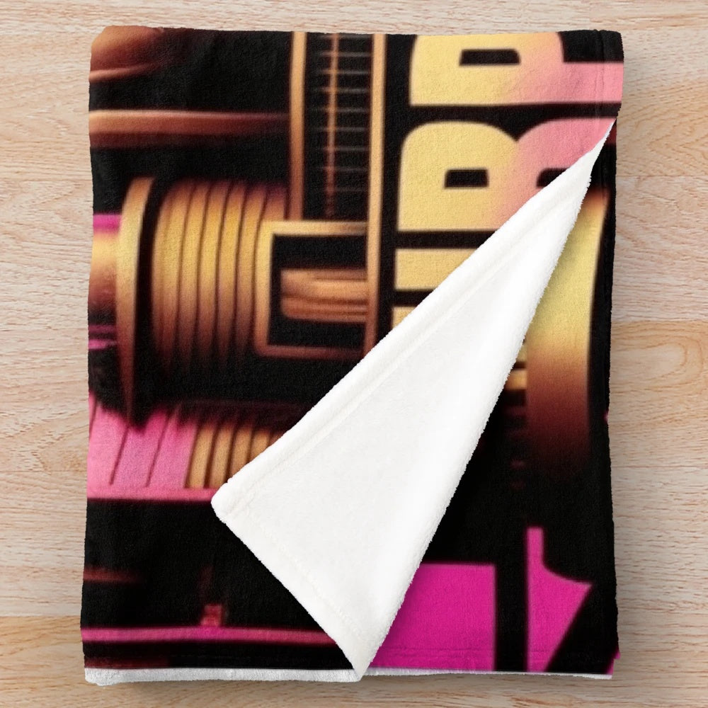 Futuristic cinema-themed plush blanket with Metropolis, movie theater, light games, and geometric design