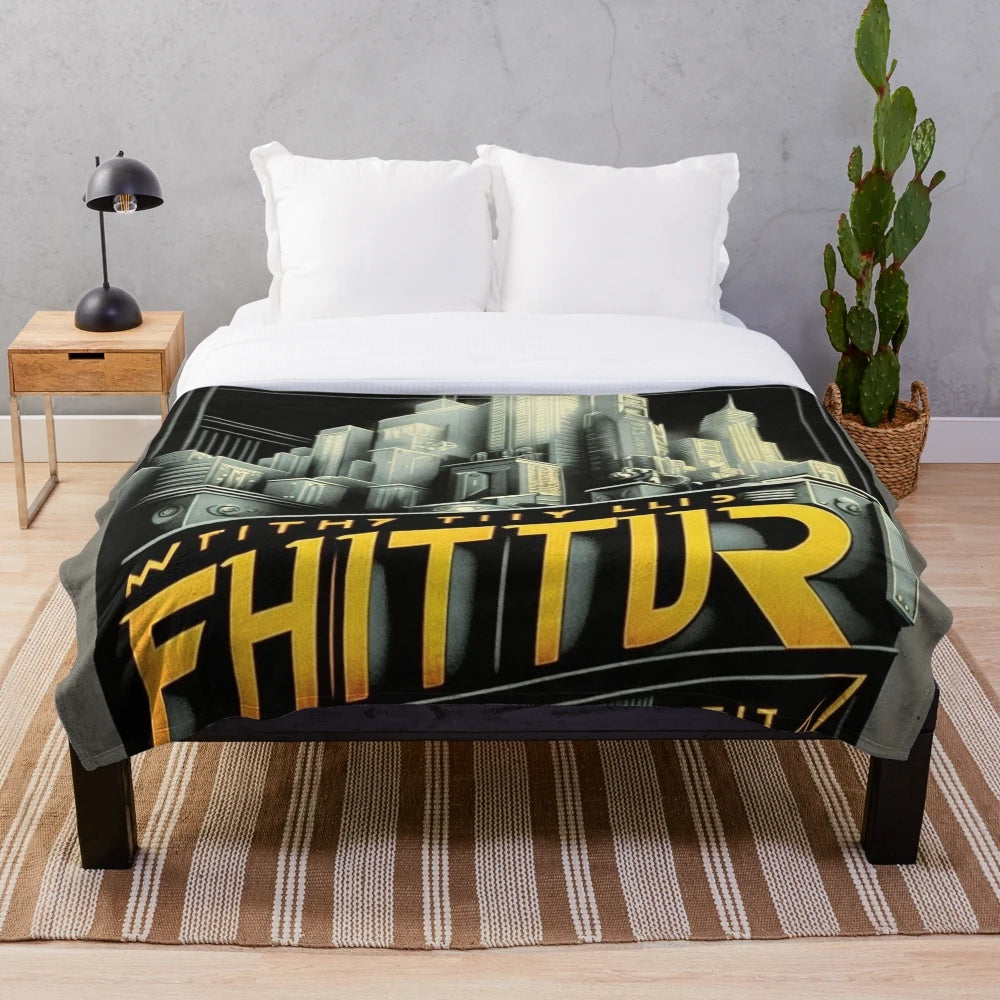 Futuristic cinema-inspired plush blanket with a monochromatic metropolitan design