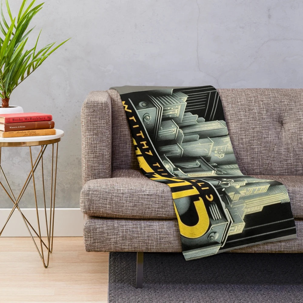 Futuristic cinema-inspired plush blanket with a monochromatic metropolitan design