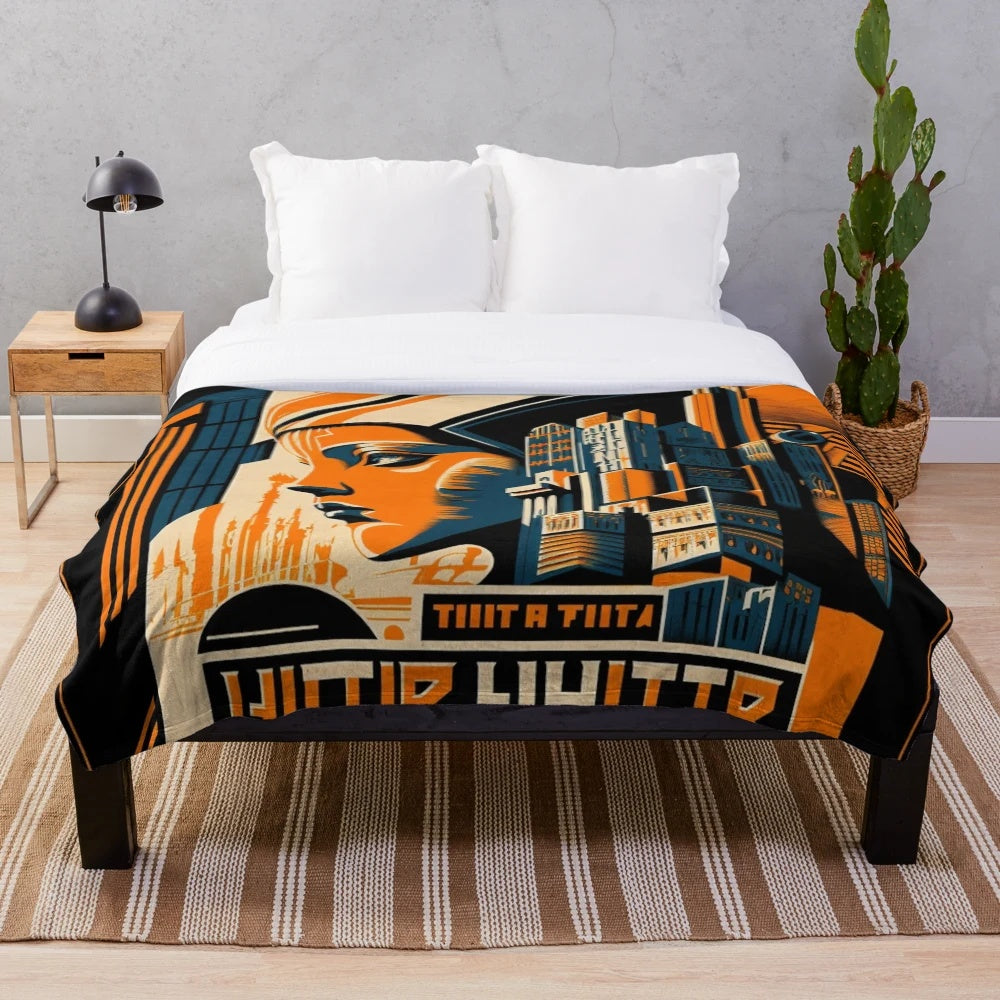 Futuristic cinema-themed plush blanket with abstract gray, black, and orange design