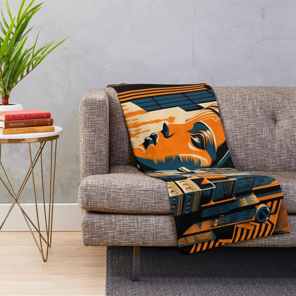 Futuristic cinema-themed plush blanket with abstract gray, black, and orange design