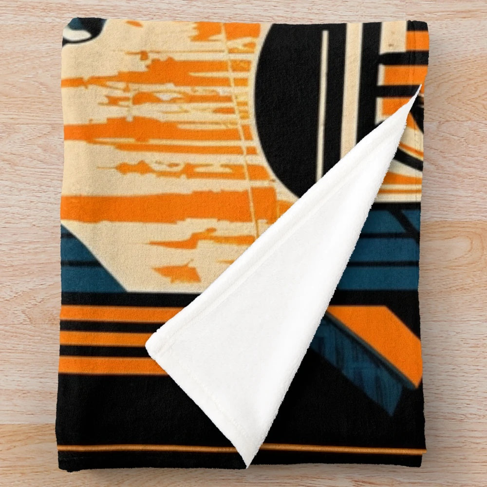 Futuristic cinema-themed plush blanket with abstract gray, black, and orange design