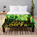 Futuristic cinema-themed plush blanket with metropolis city, light games, and black gold yellow green design