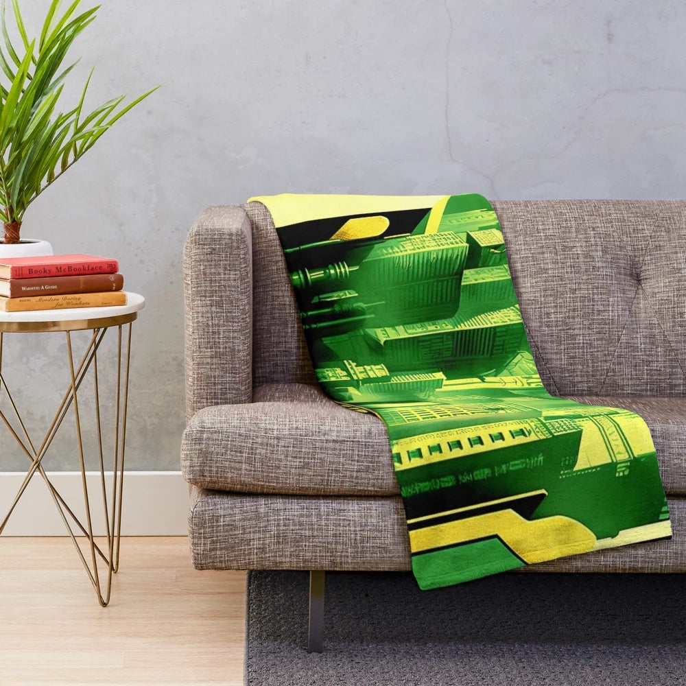 Futuristic cinema-themed plush blanket with metropolis city, light games, and black gold yellow green design