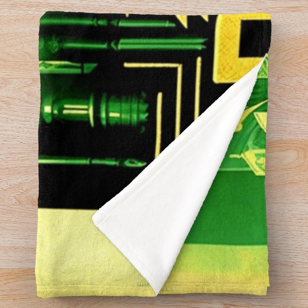 Futuristic cinema-themed plush blanket with metropolis city, light games, and black gold yellow green design