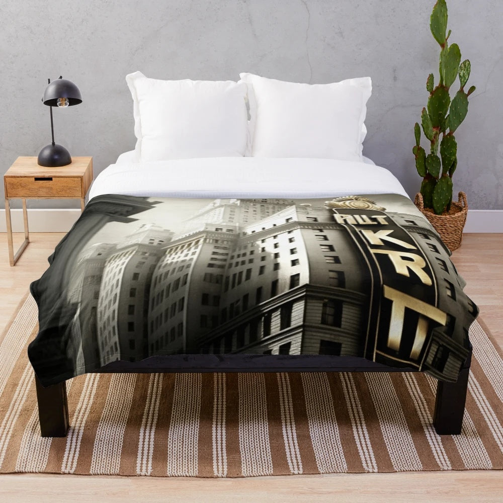 Futuristic plush blanket with cinematic, urban design