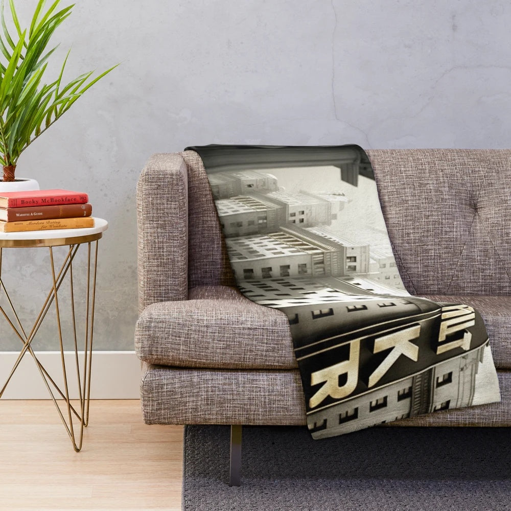 Futuristic plush blanket with cinematic, urban design