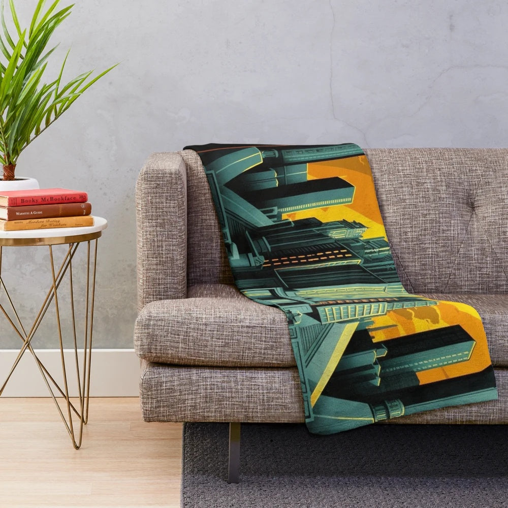 Futuristic plush blanket with abstract geometric color patterns