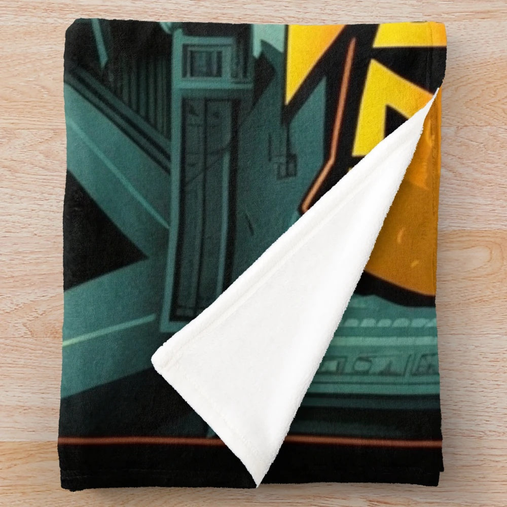 Futuristic plush blanket with abstract geometric color patterns