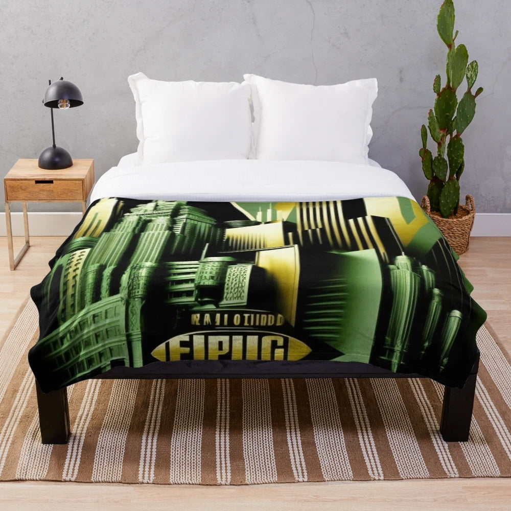 Plush blanket with futuristic city, cinema, and light game inspired design