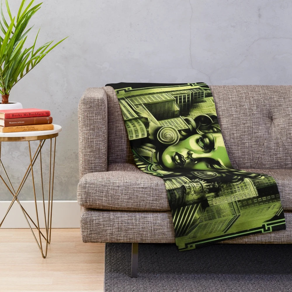Futuristic plush blanket with city and cinema graphics