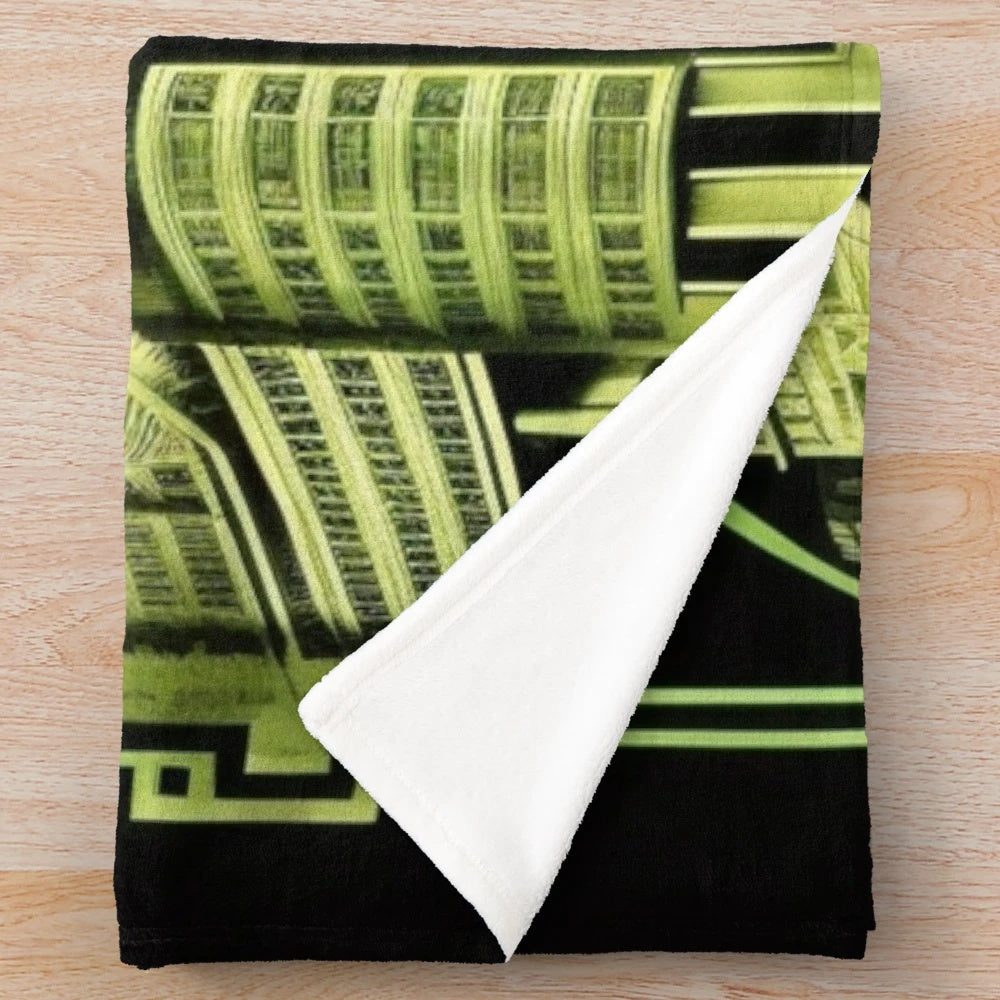 Futuristic plush blanket with city and cinema graphics