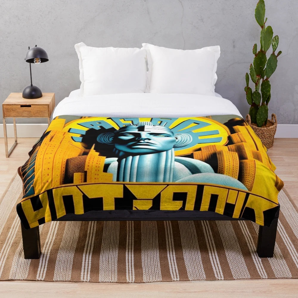 Metropolis-inspired plush blanket with futuristic cinema, lights, and game graphics
