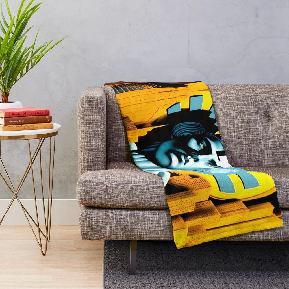 Metropolis-inspired plush blanket with futuristic cinema, lights, and game graphics