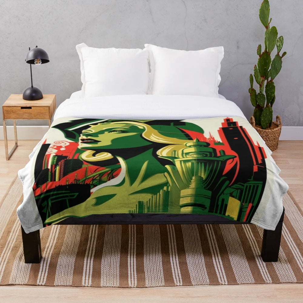 Futuristic city lights cinema plush blanket in green, black, red, and beige colors