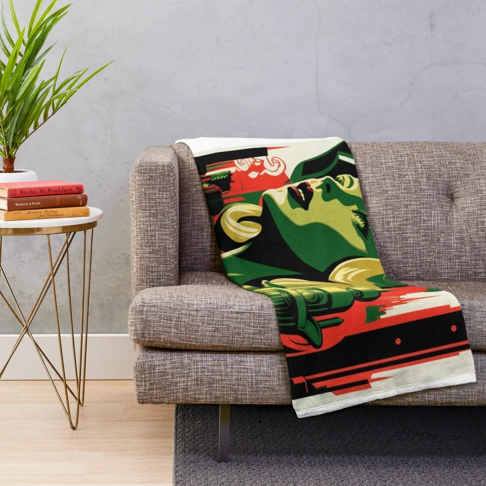 Futuristic city lights cinema plush blanket in green, black, red, and beige colors