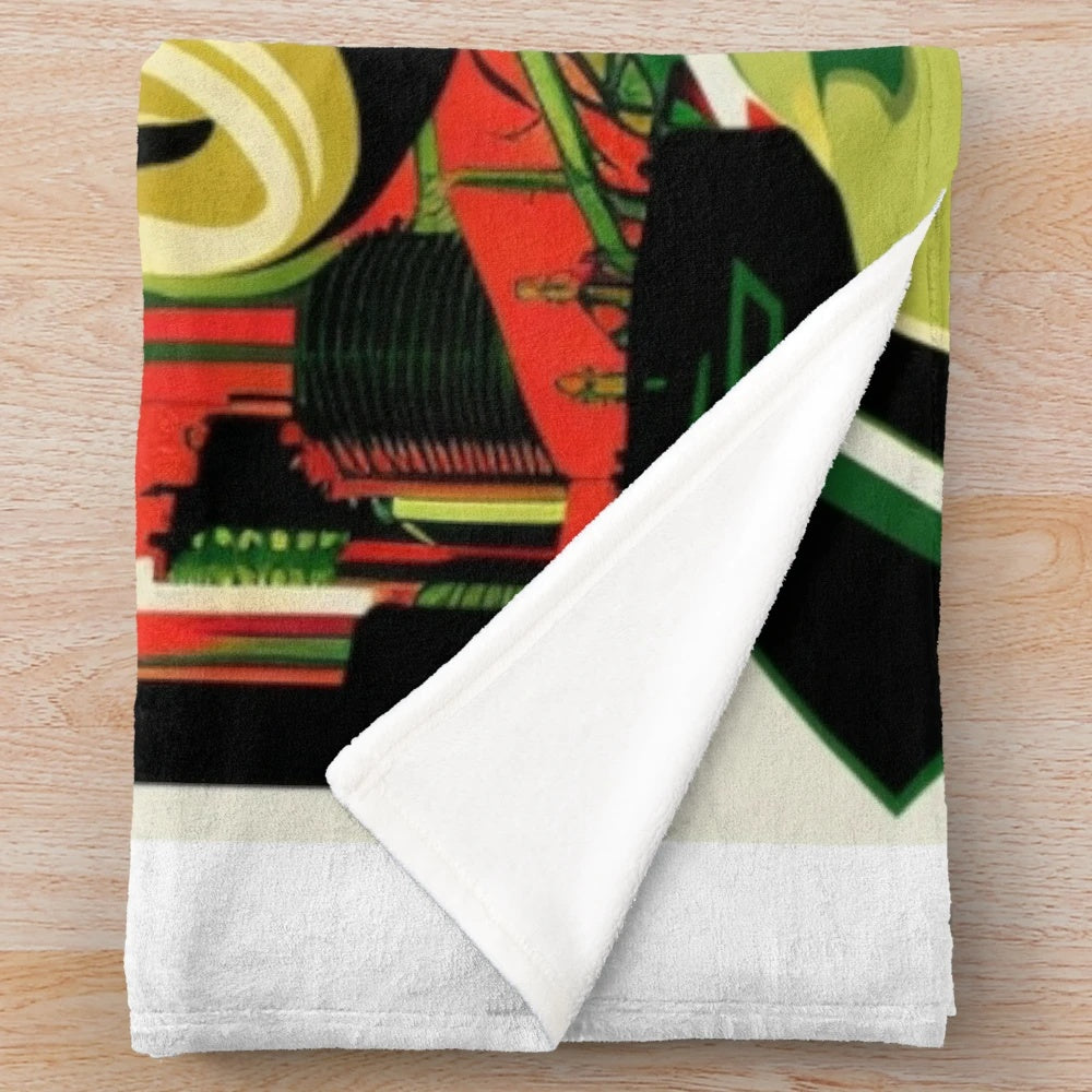 Futuristic city lights cinema plush blanket in green, black, red, and beige colors
