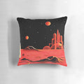 Pillow with a futuristic illustration of a Martian city skyline and spacecraft against a starry night sky.