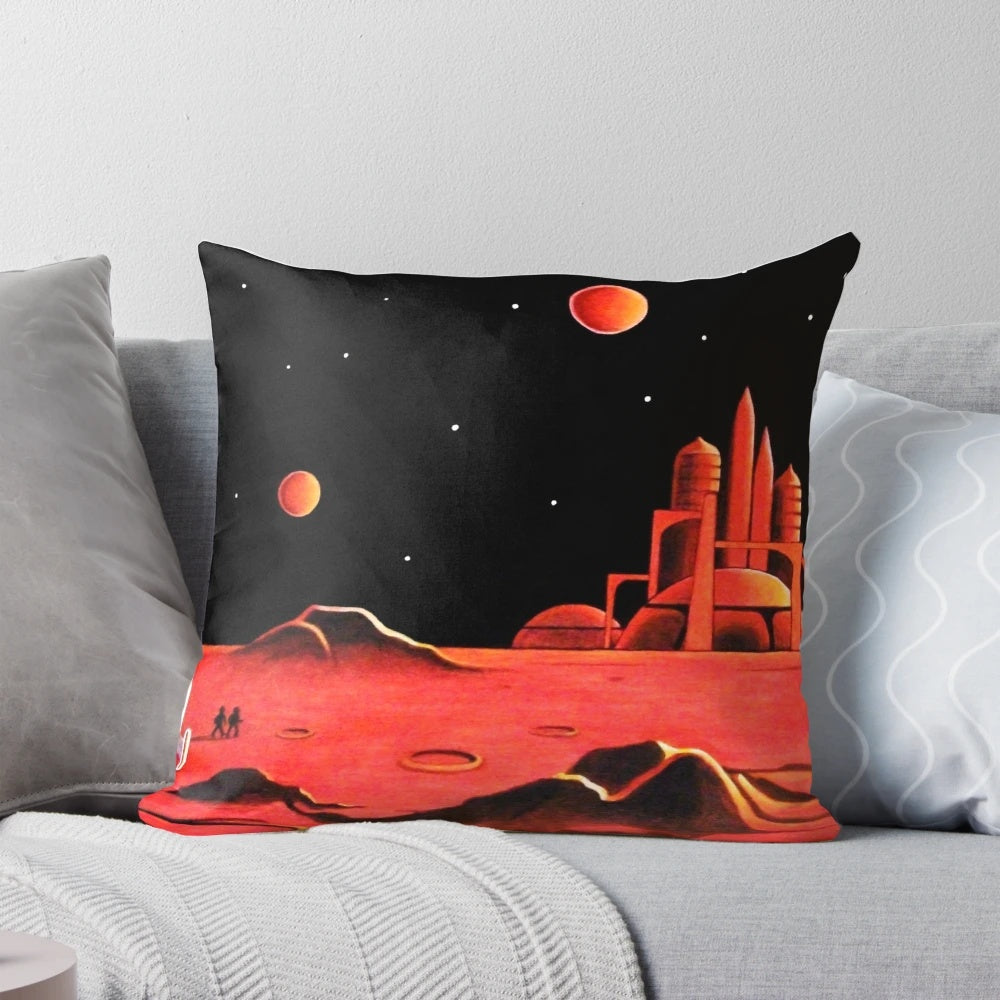 Pillow with a futuristic illustration of a Martian city skyline and spacecraft against a starry night sky.