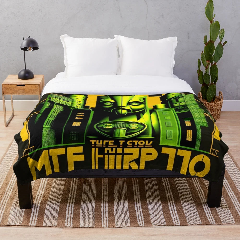Plush blanket with futuristic city, movie theater, and light game elements