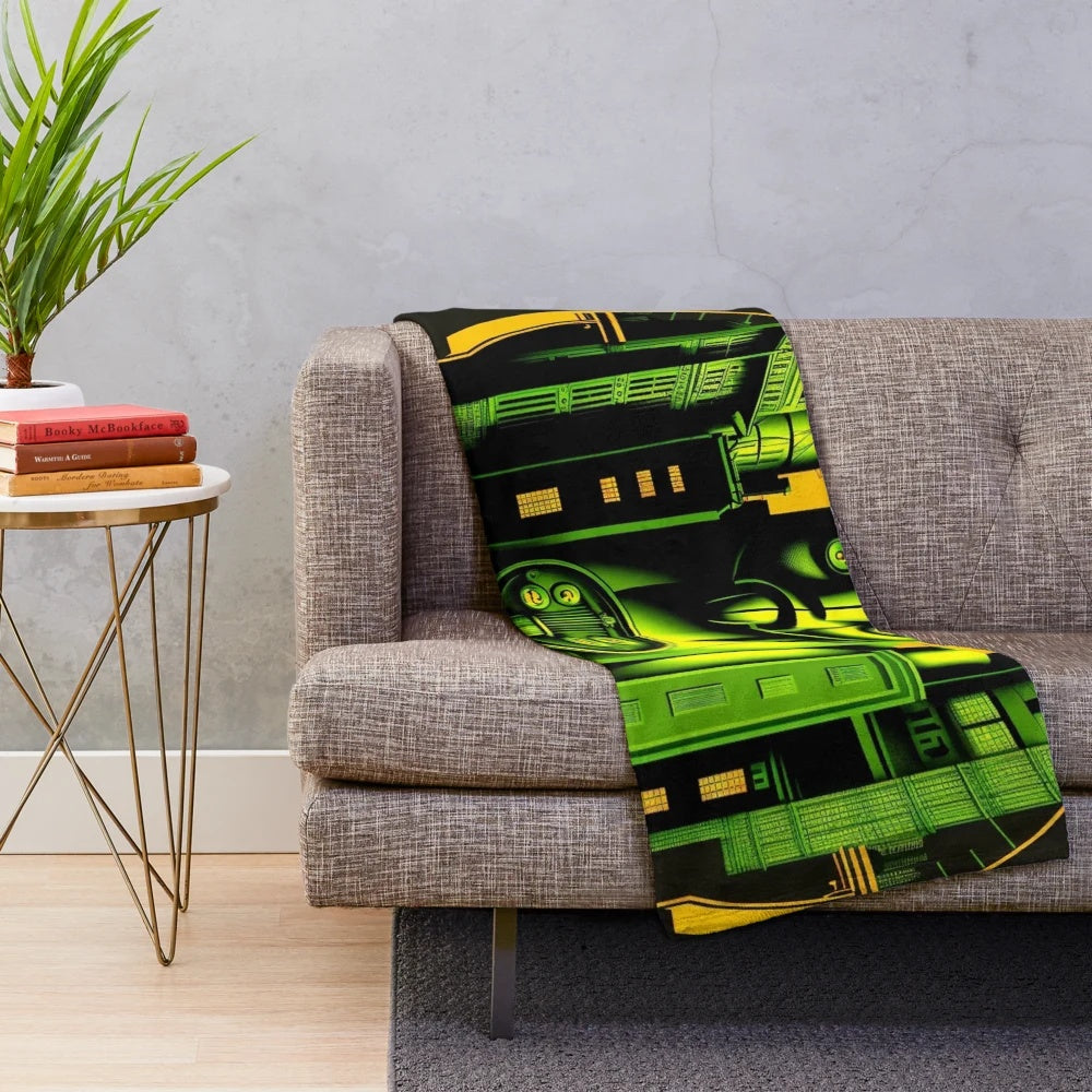 Plush blanket with futuristic city, movie theater, and light game elements