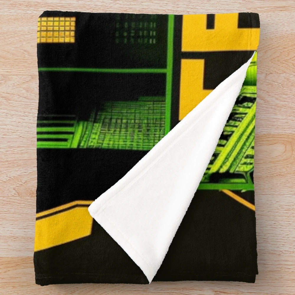 Plush blanket with futuristic city, movie theater, and light game elements