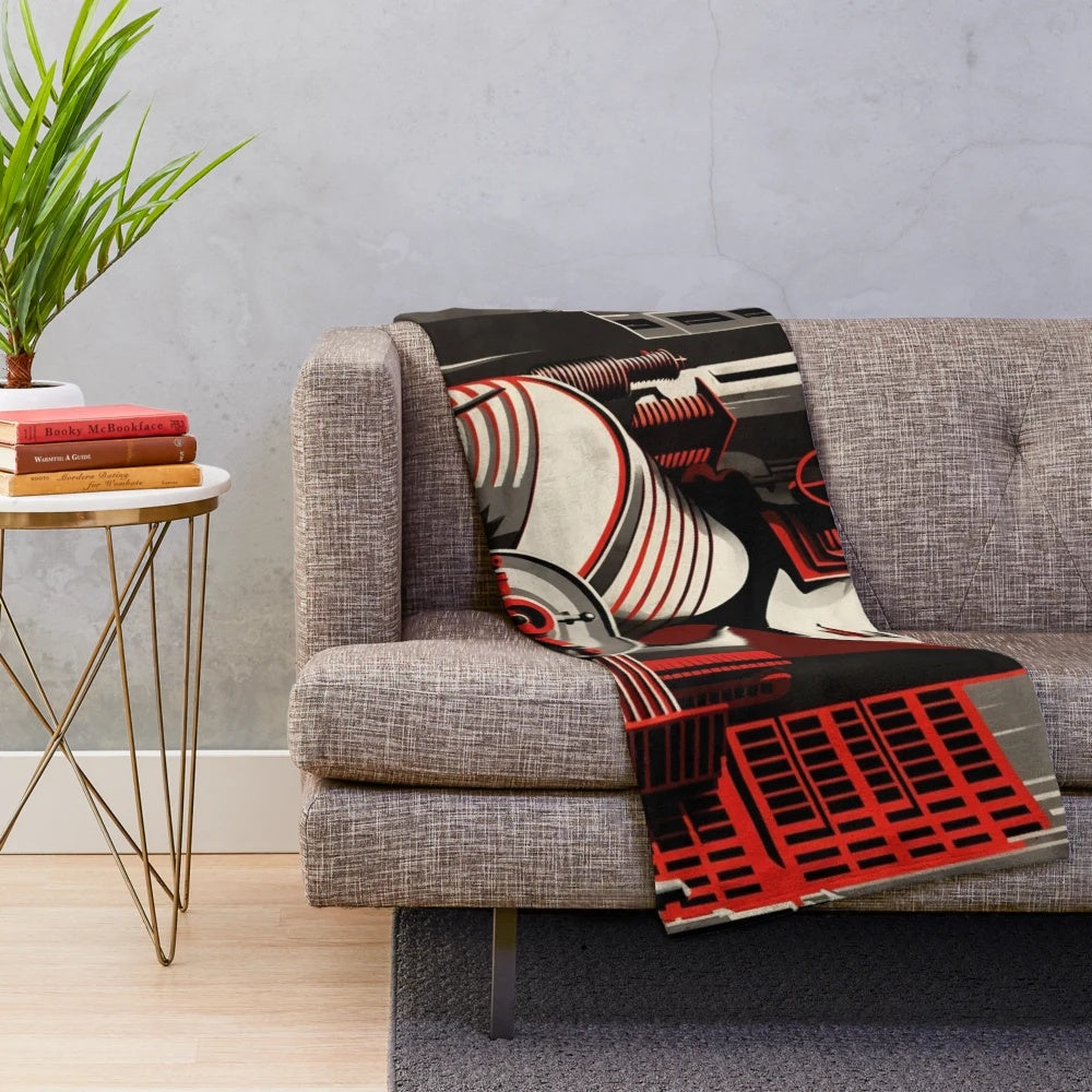 Futuristic city plush blanket with cinema and retro gaming design