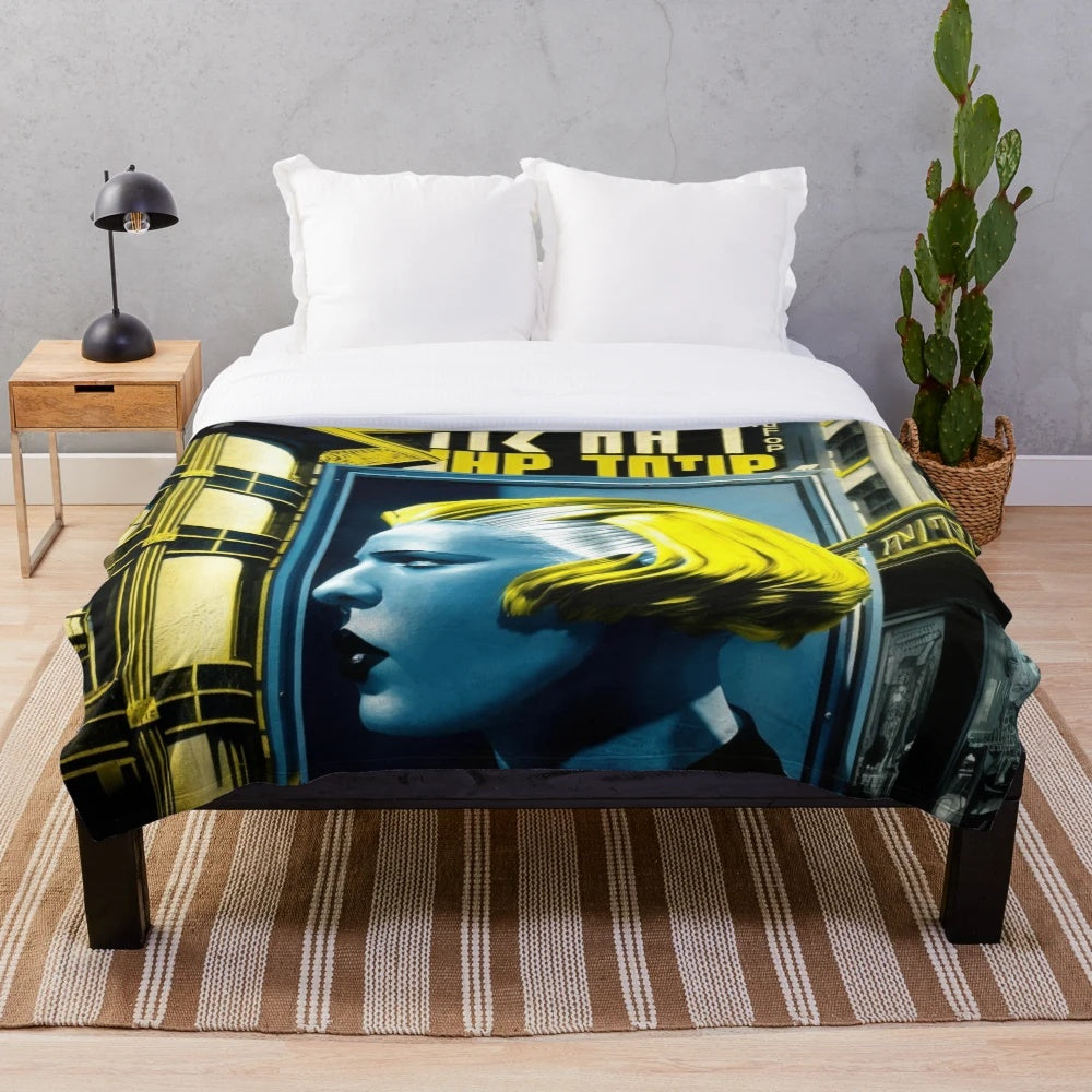 Futuristic city plush blanket with vibrant cinema-inspired design