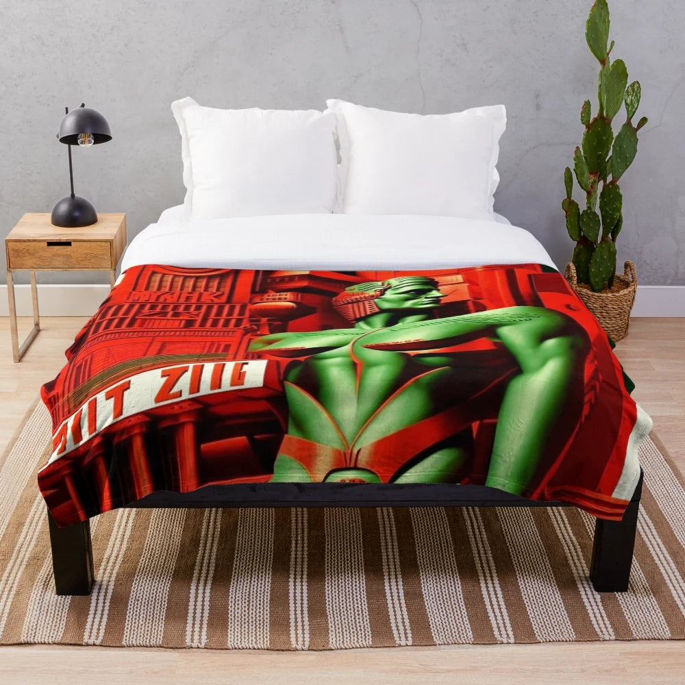 Futuristic city-inspired plush blanket with red, green, black, and white colors
