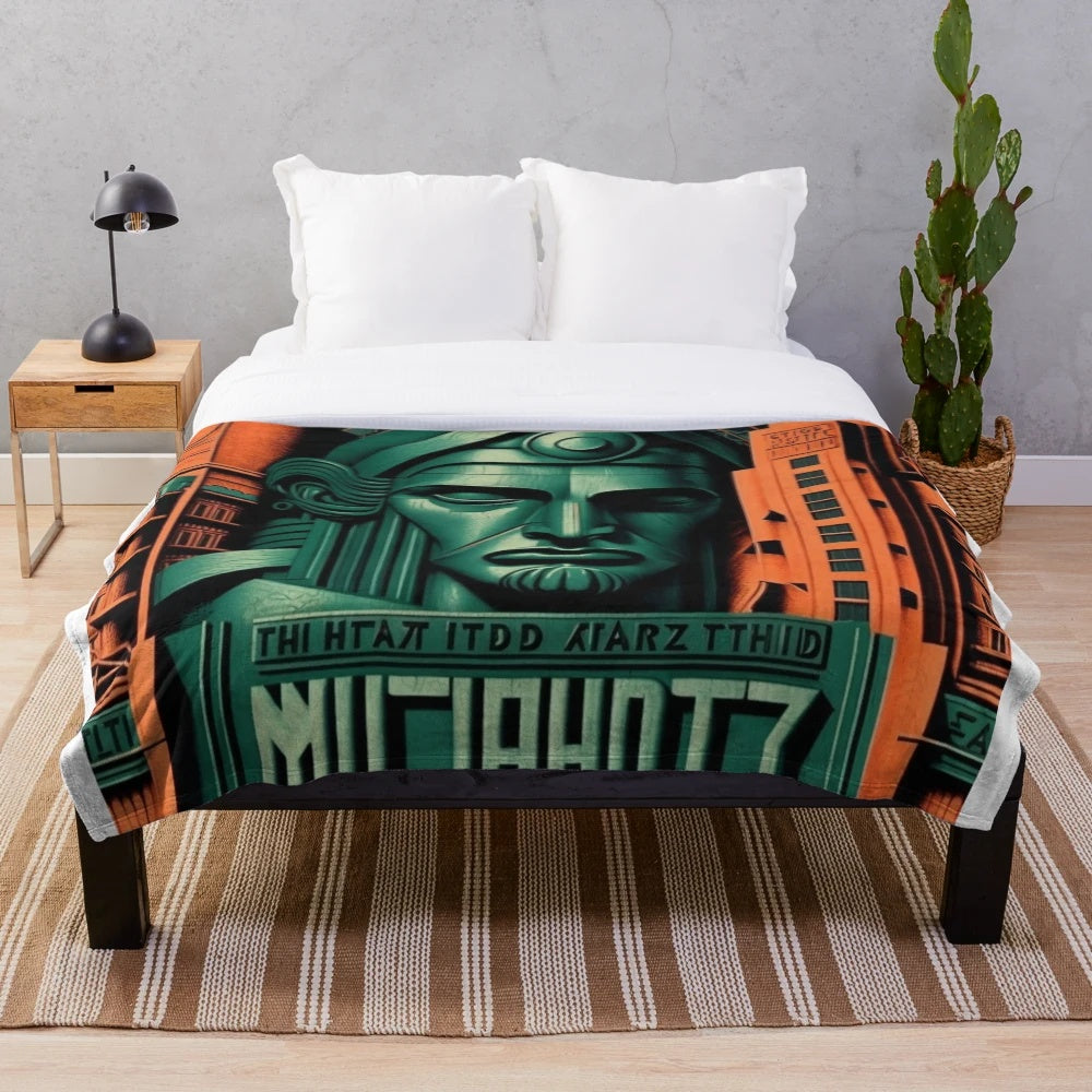 Futuristic plush blanket with city skyline and cinematic lighting effects
